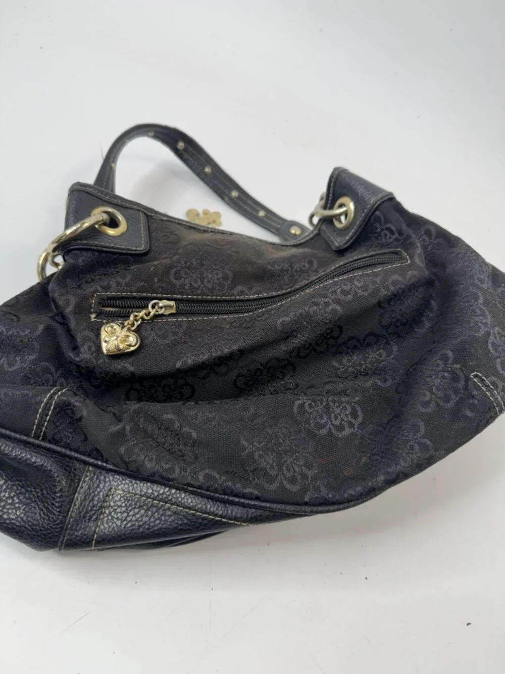 Kathy Van Zeeland Black Shoulder Bag With Chain Accents & Fleur De Lis Pattern